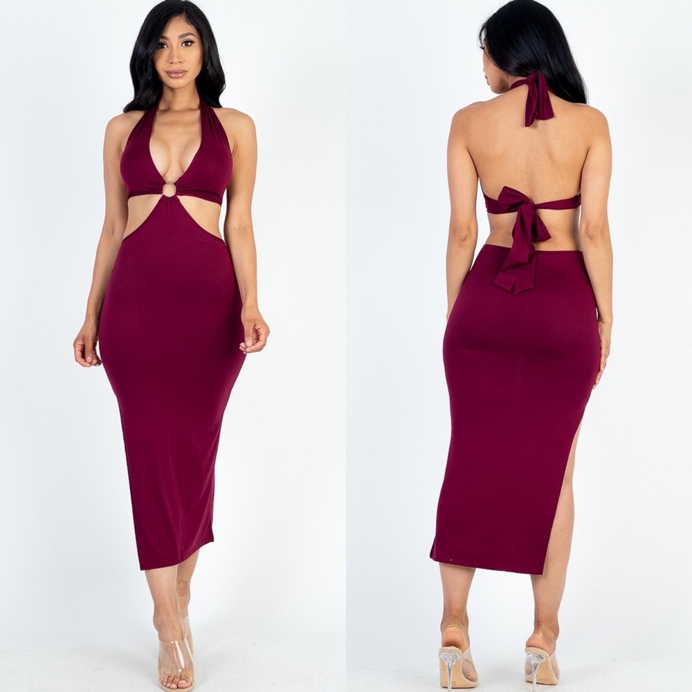 LAST ONE | Sexy Burgundy Wine Front Cut Out Halter Neck Back Tie Midi Dress Sz S